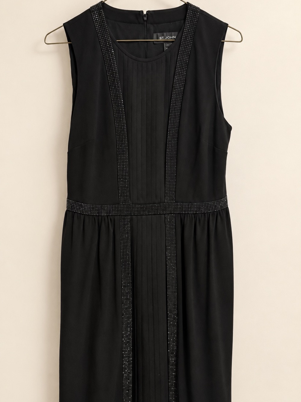 St. John Black Sleeveless Pleated-Front Dress with Beaded Trim